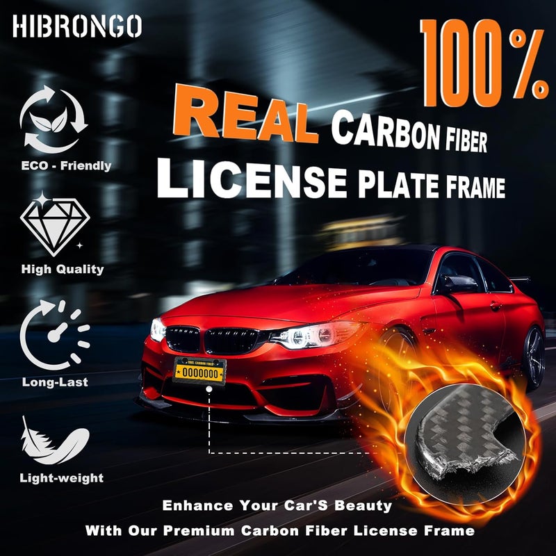HIBRONGO Real Carbon Fiber License Plate Frame 100% Pure Carbon License Plate Frame Cover Black Gloss License Plate Holder Universal Car Tag Frame with Mount Hardware, Screws, Caps - 2 Hole Wide Edge 1 Pack - Image 2